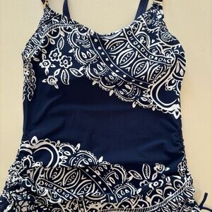 White and navy swim tank size 14
